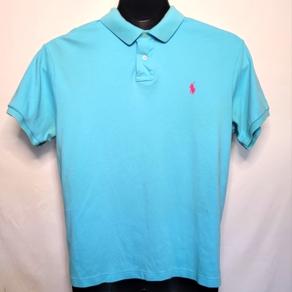 POLO Ralph Lauren Aqua Bright Blue Pink Logo Short Sleeve V Neck Button Up Polo